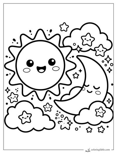 Kawaii sun and crescent moon with smiling stars, fluffy clouds, sparkles, and dot clusters.