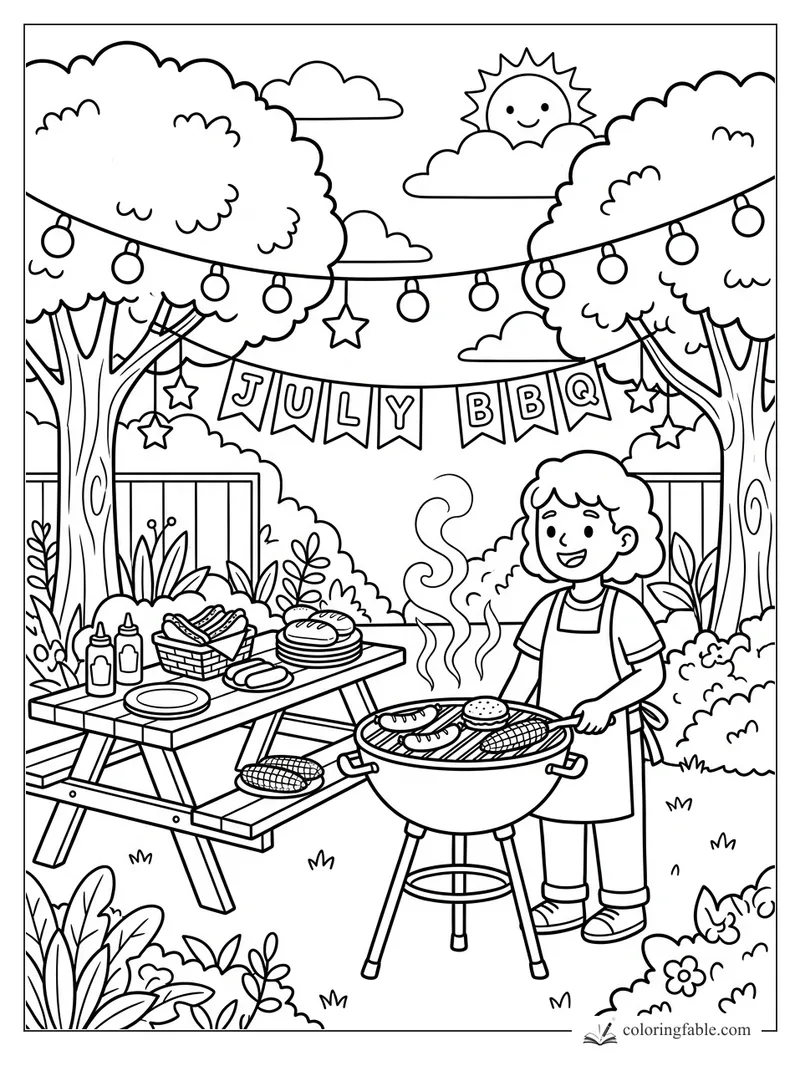 Cartoon July BBQ with child grilling, picnic table, banner, string lights, trees, clouds, and smiling sun