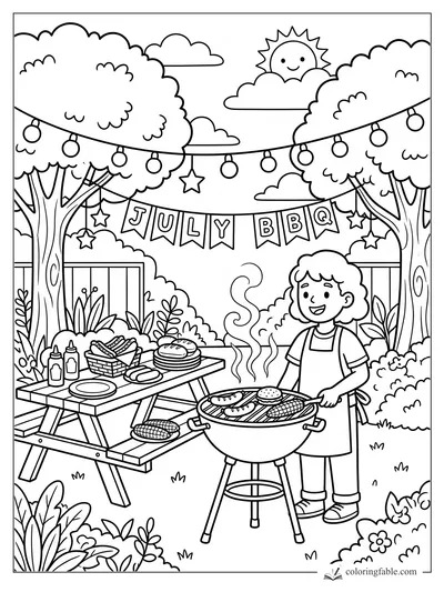 Cartoon July BBQ with child grilling, picnic table, banner, string lights, trees, clouds, and smiling sun