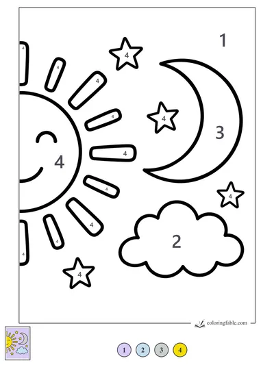 Smiling Sun, Crescent Moon, Stars, and Cloud — color by number