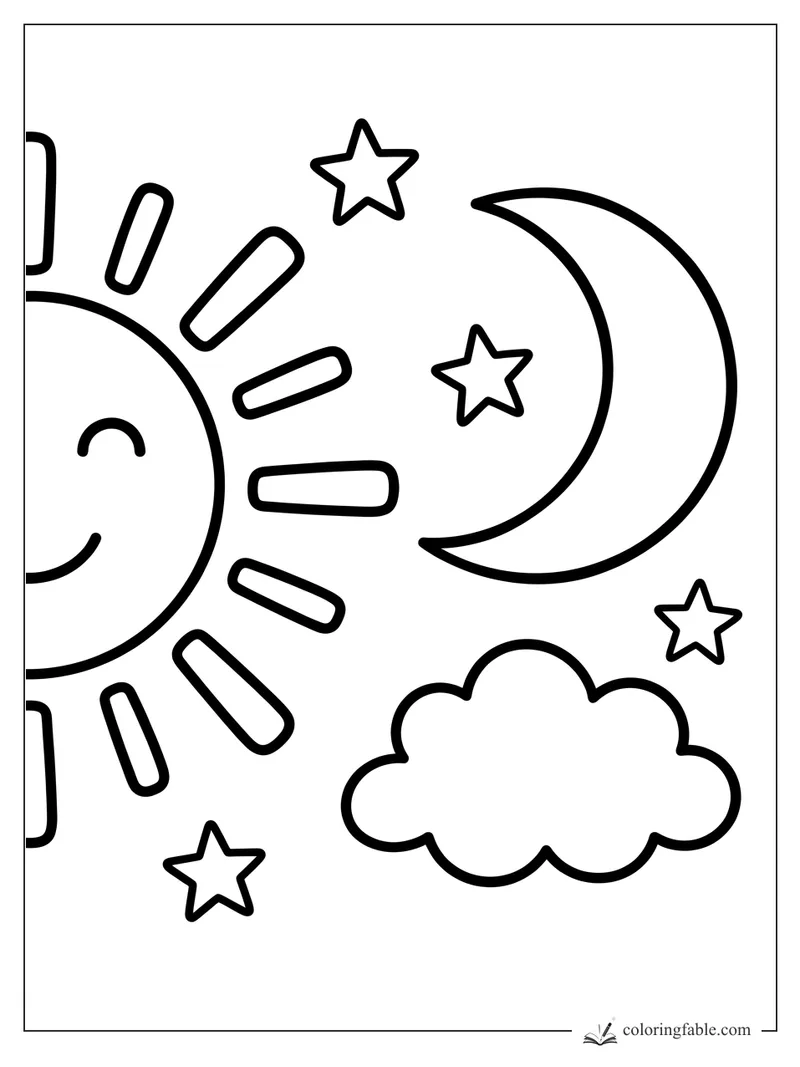 Bold sun moon stars coloring page with a smiling half sun, crescent moon, four stars, and puffy cloud