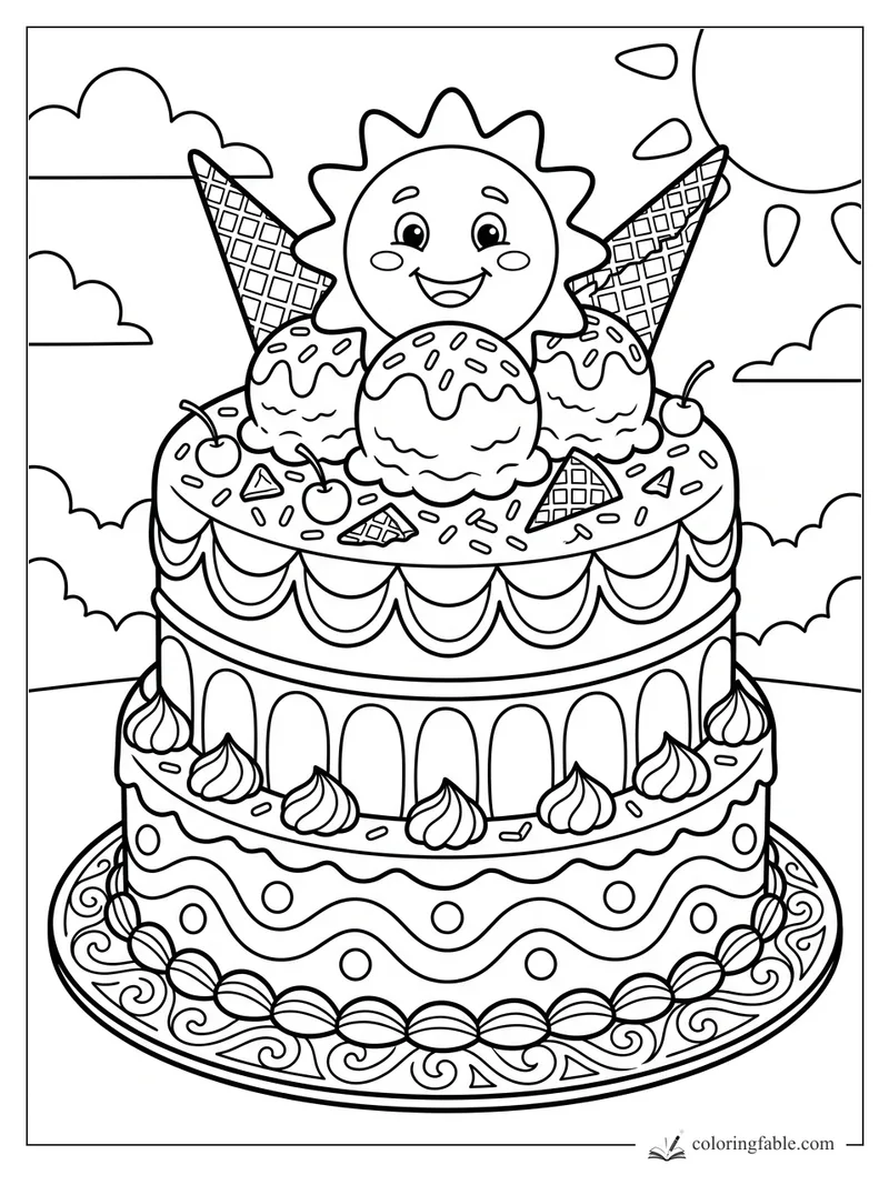 Cartoon cake with smiling sun, ice cream scoops, waffle cones, cherries, sprinkles, clouds, and sun