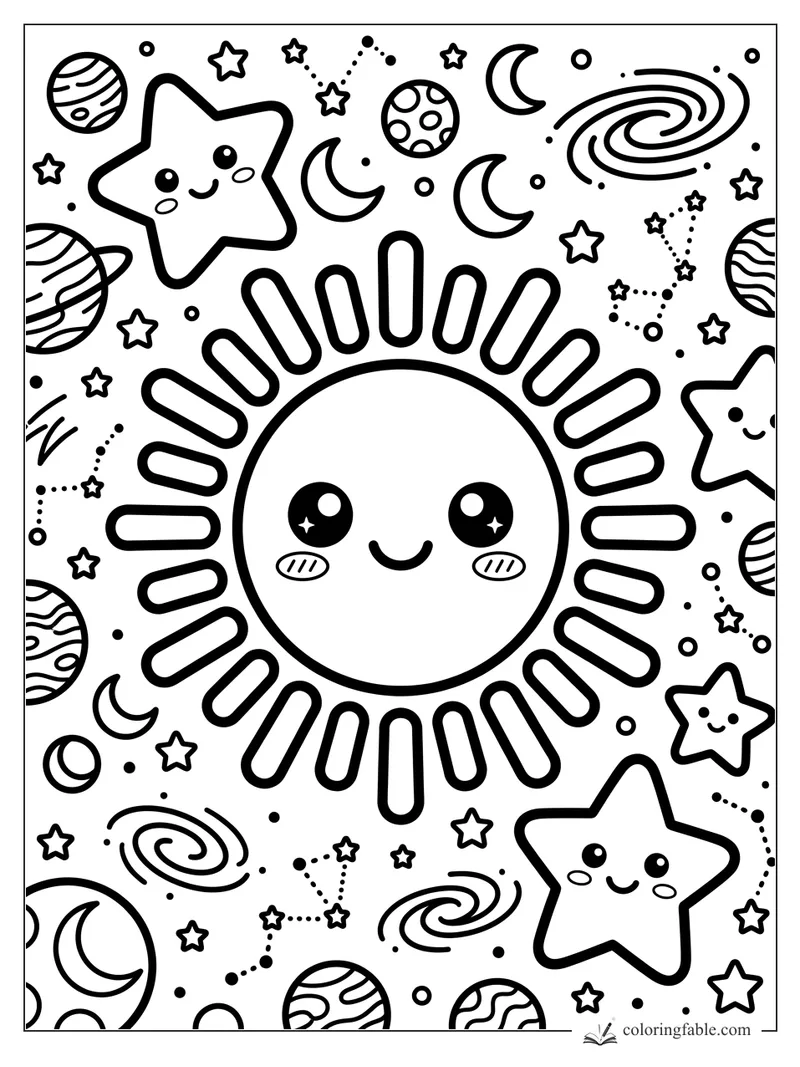 Kawaii smiling sun with stars, crescent moons, planets, constellations, and spiral galaxies.