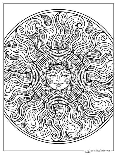 Intricate summer sun mandala with a smiling face, floral rays, paisley curls, dots, and circular borders