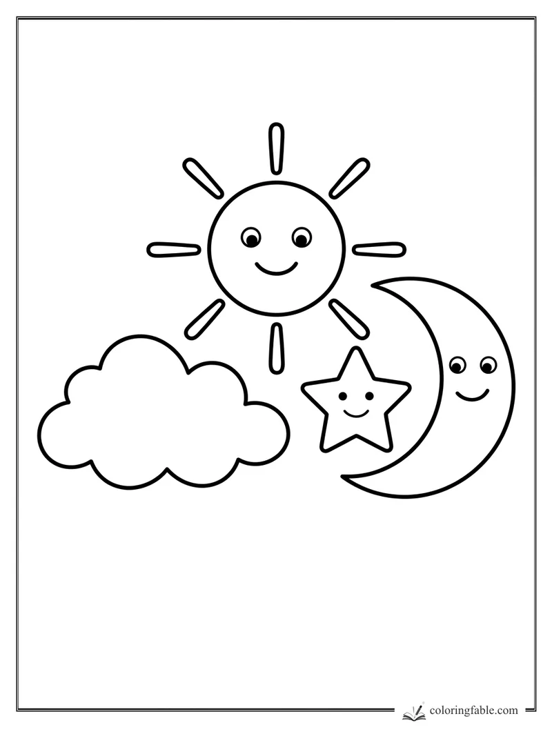 Minimalist sun, crescent moon, star, and puffy cloud with smiling faces coloring page