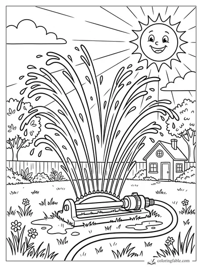 Cartoon backyard sprinkler spraying water under a smiling summer sun, with a small house, fence, trees, and flowers.