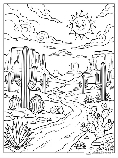 Cartoon desert canyon with saguaro cacti, prickly pear, winding trail, mesas, clouds, and smiling sun.