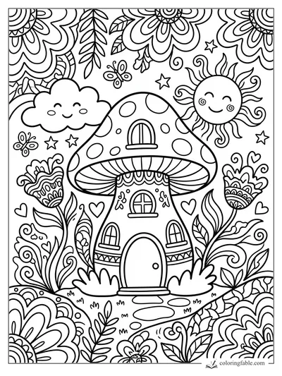 Kawaii mushroom cottage with smiling sun, cloud, butterflies, stars, and boho flowers