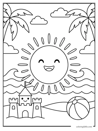 Easy summer coloring page with smiling sun, palm trees, waves, sandcastle, and beach ball.