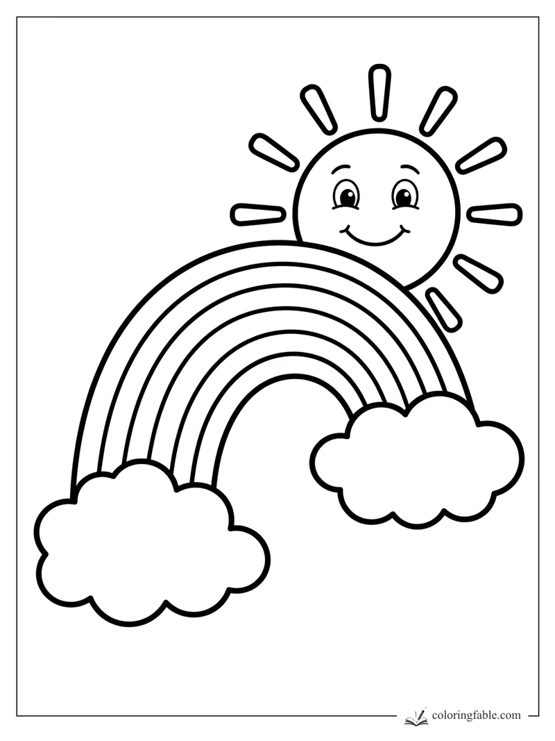 Easy rainbow coloring page with two clouds and a smiling sun peeking over the arches
