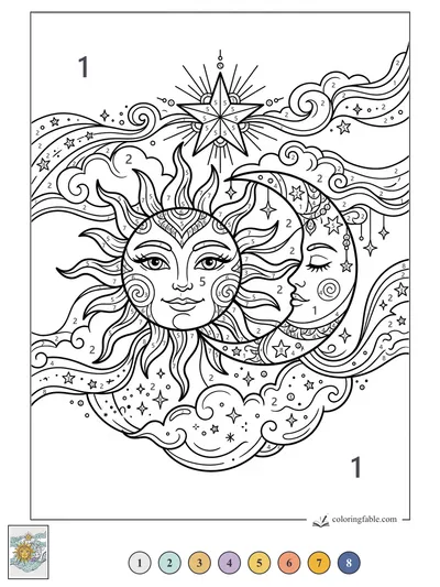 Smiling Sun, Sleeping Moon, and North Star Swirls — color by number
