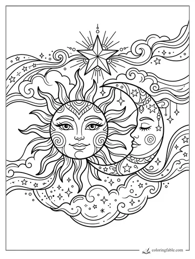 Aesthetic sun and crescent moon with a large star, swirling clouds, tiny stars, and hanging charms