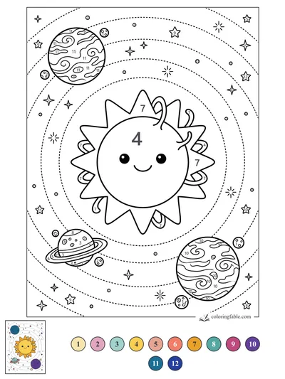 Smiling Sun Star with Dotted Planet Orbits — color by number