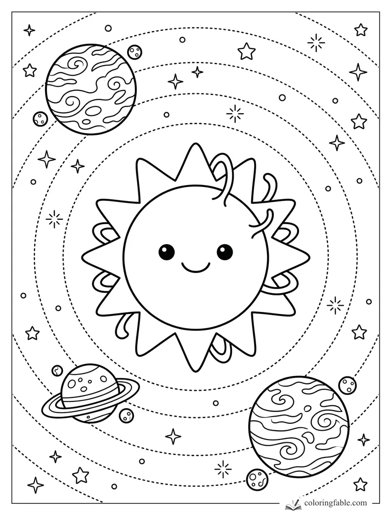 Cartoon smiling sun star with pointed rays, dotted orbits, planets, moons, and tiny stars in space.