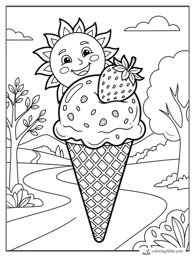Cartoon strawberry ice cream cone with a smiling sun, waffle cone, trees, clouds, and winding path