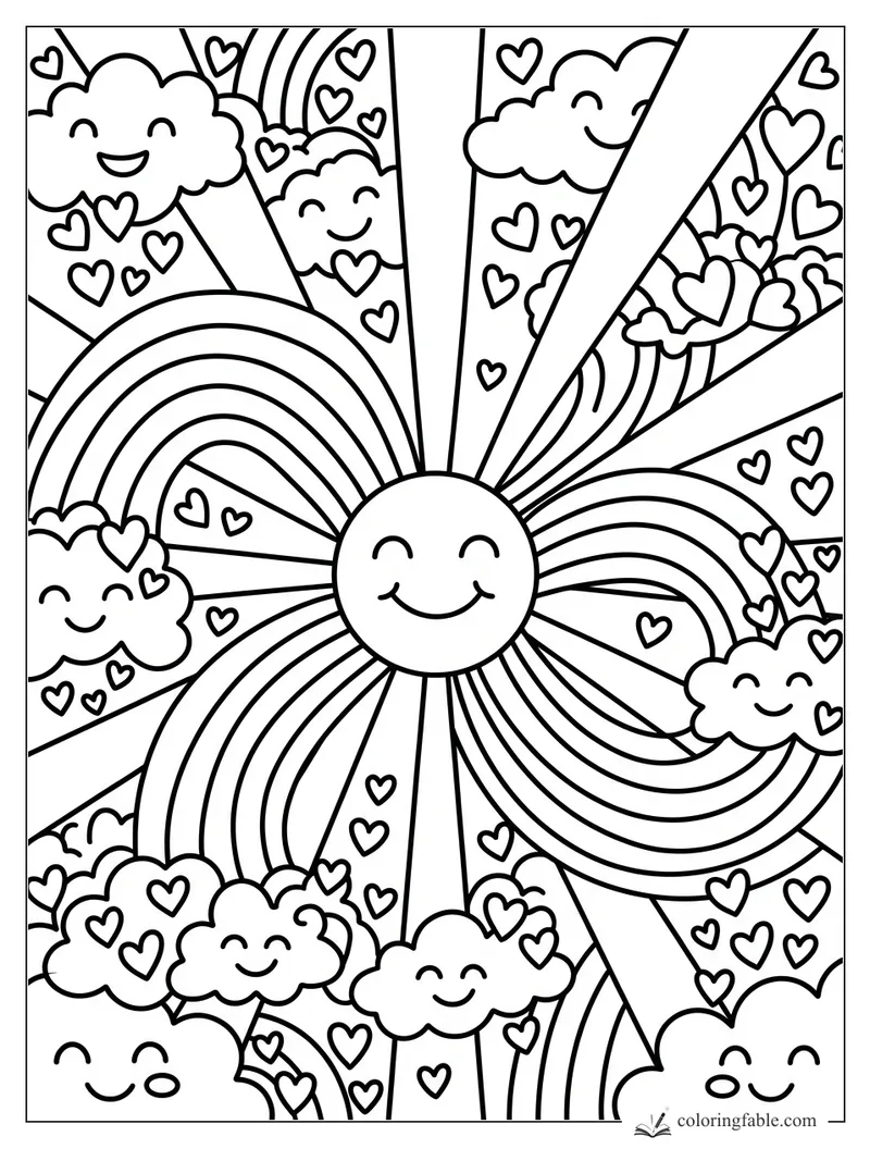 Smiling sun with rainbow bands, happy clouds, and many heart shapes in bold easy lines
