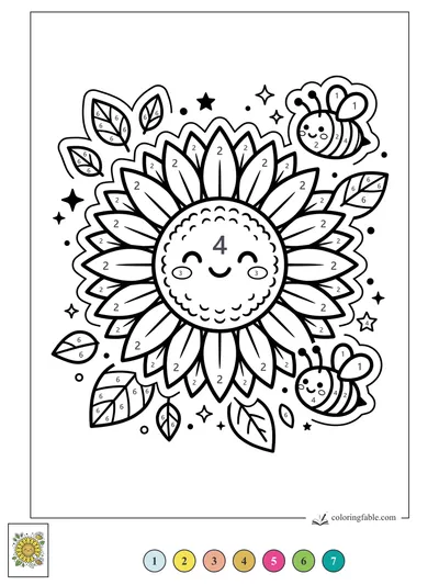 Smiling Sunflower Sticker with Two Bees — color by number