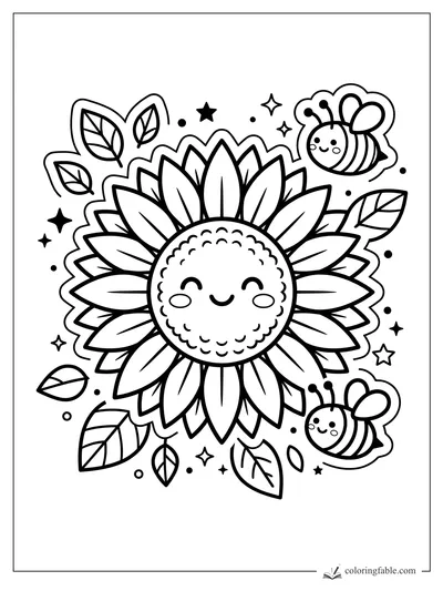 Smiling sunflower sticker with two cute bees, leaves, stars, and dot accents to color