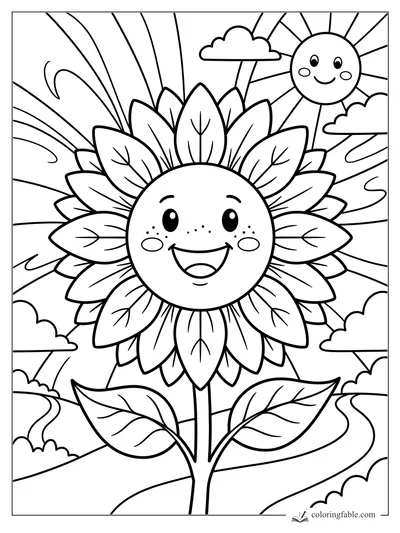 Cartoon smiling sunflower with layered petals, leafy stem, clouds, sun, and curving sky rays.