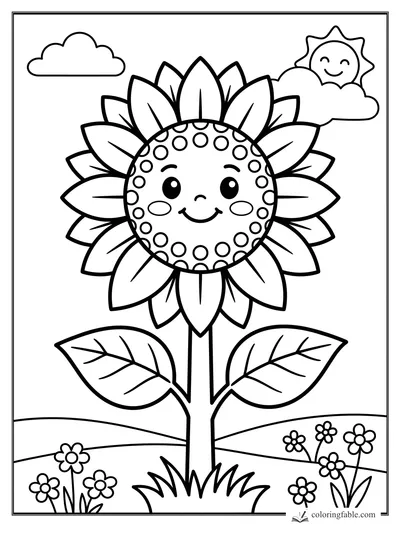 Easy sunflower coloring page with a smiling face, big petals, leaves, clouds, hills, and a happy sun.