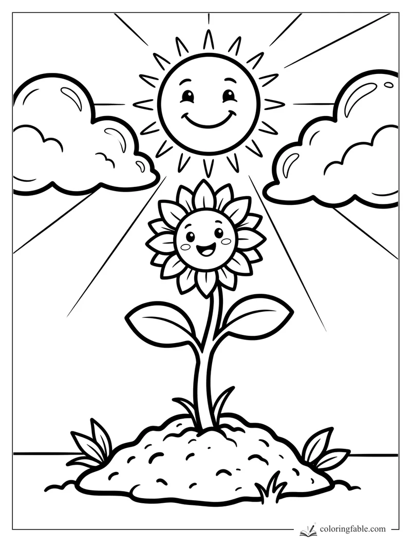 Easy sunflower coloring page with smiling flower, happy sun, clouds, rays, leaves, and soil mound.