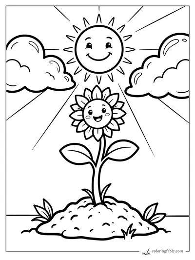 Easy sunflower coloring page with smiling flower, happy sun, clouds, rays, leaves, and soil mound.