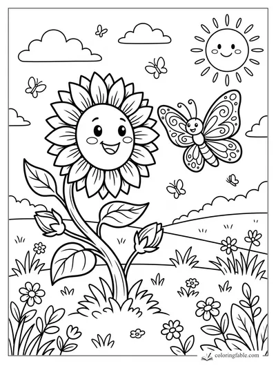 Cartoon smiling sunflower with butterflies, clouds, sun, leaves, buds, and meadow flowers.