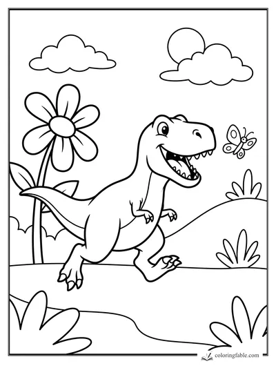 Cartoon T. rex smiling at a butterfly beside a tall flower, hills, clouds, and sun.