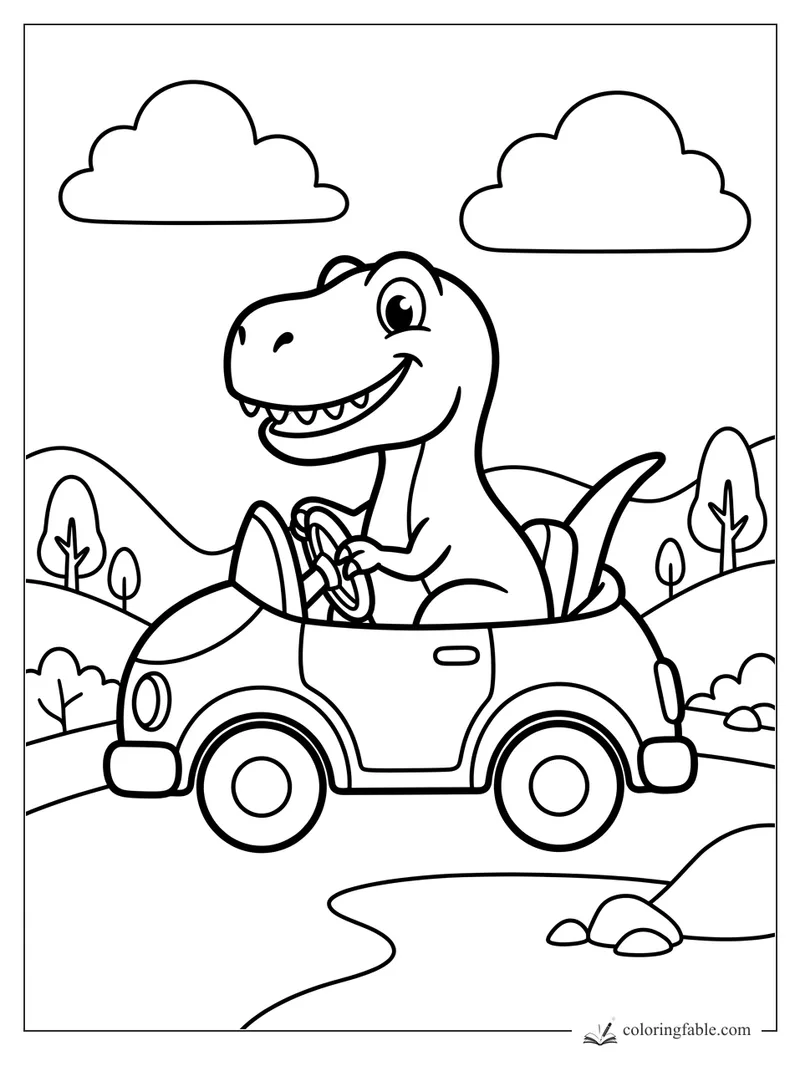 Cartoon T. rex driving a small car on a curvy road with clouds, hills, trees, and rocks.