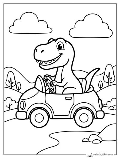 Cartoon T. rex driving a small car on a curvy road with clouds, hills, trees, and rocks.