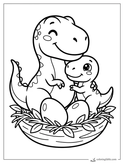 Kawaii T. rex parent and baby smiling in a nest with two eggs and leaves