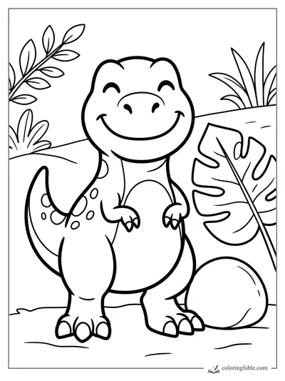 Smiling baby T. rex with tiny arms, spots, big leaves, and a round jungle rock.