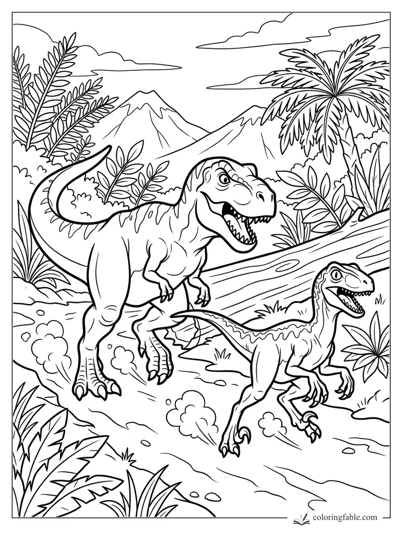 Cartoon T. rex and smaller dinosaur running through jungle ferns, palms, mountains, and a fallen log
