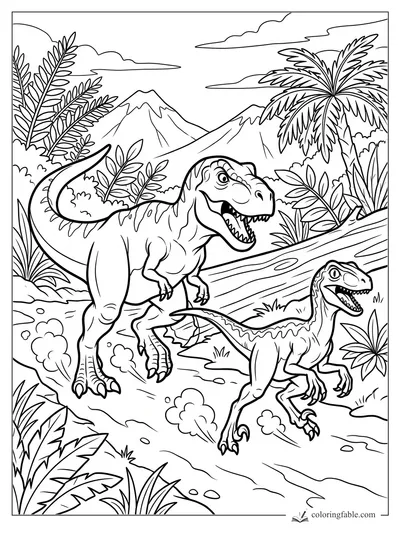 Cartoon T. rex and smaller dinosaur running through jungle ferns, palms, mountains, and a fallen log