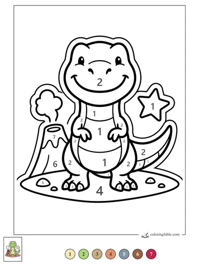 Smiling T. Rex Sticker by a Puffing Volcano — color by number