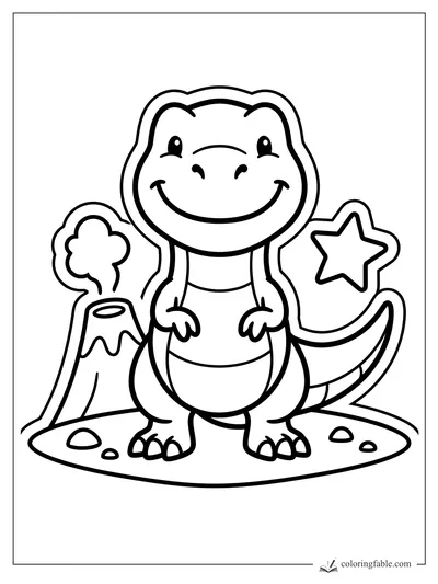Cute T. rex sticker with a big smile, volcano smoke, star, rocks, and curved tail.