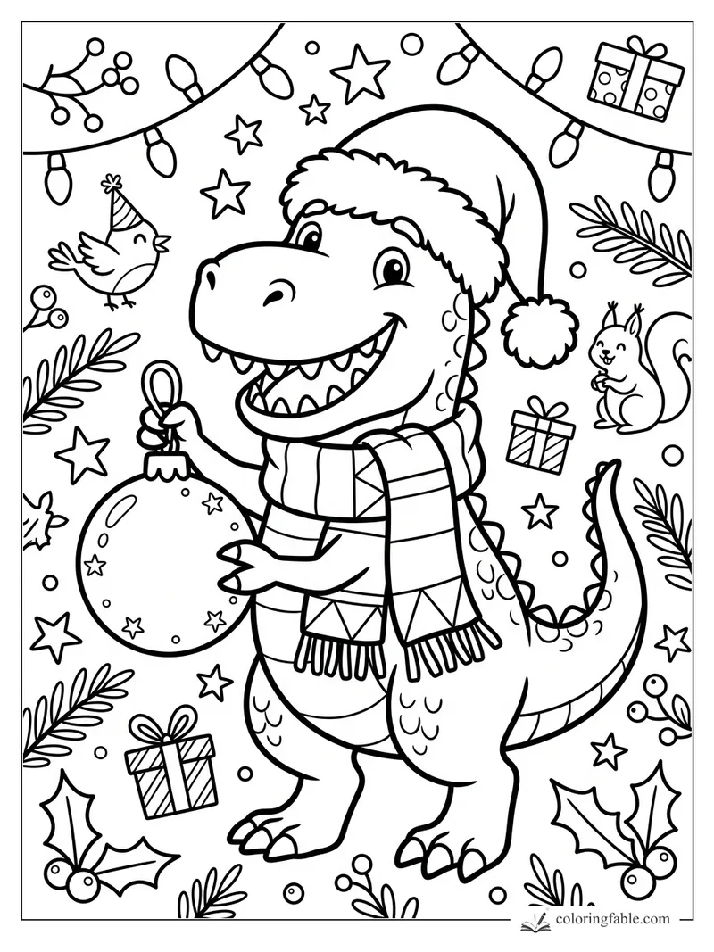 Smiling T. rex in Santa hat and scarf holding a Christmas ornament amid stars, gifts, lights, bird and squirrel.