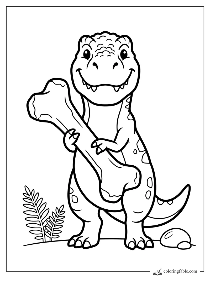 Cute T. rex holding a giant bone beside ferns and small rocks, easy dinosaur coloring page