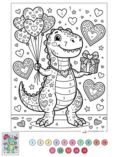 Smiling T. Rex with Heart Balloons and Gift — color by number