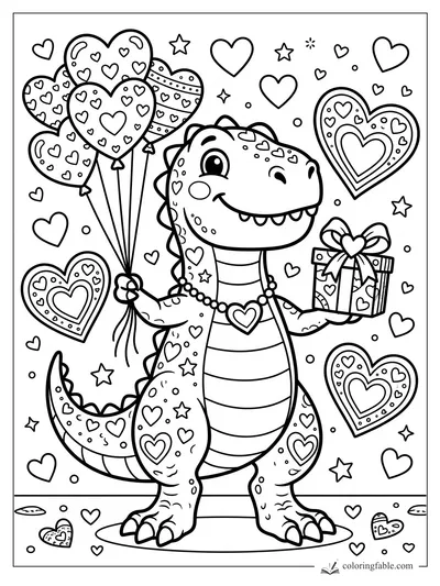 Smiling T. rex holding heart balloons and a wrapped gift, surrounded by hearts and stars.