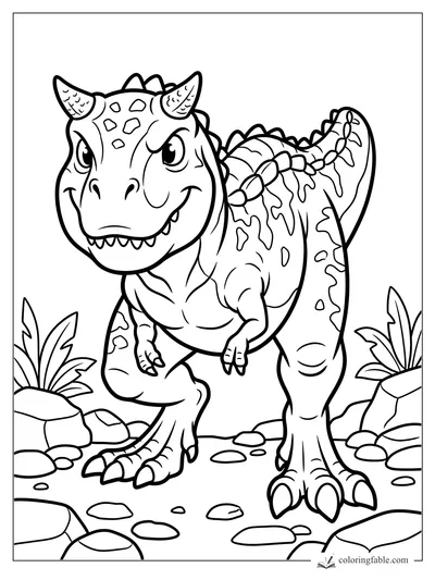 Cartoon T. rex with horns, teeth, leafy back, rocky ground, and desert plants coloring page