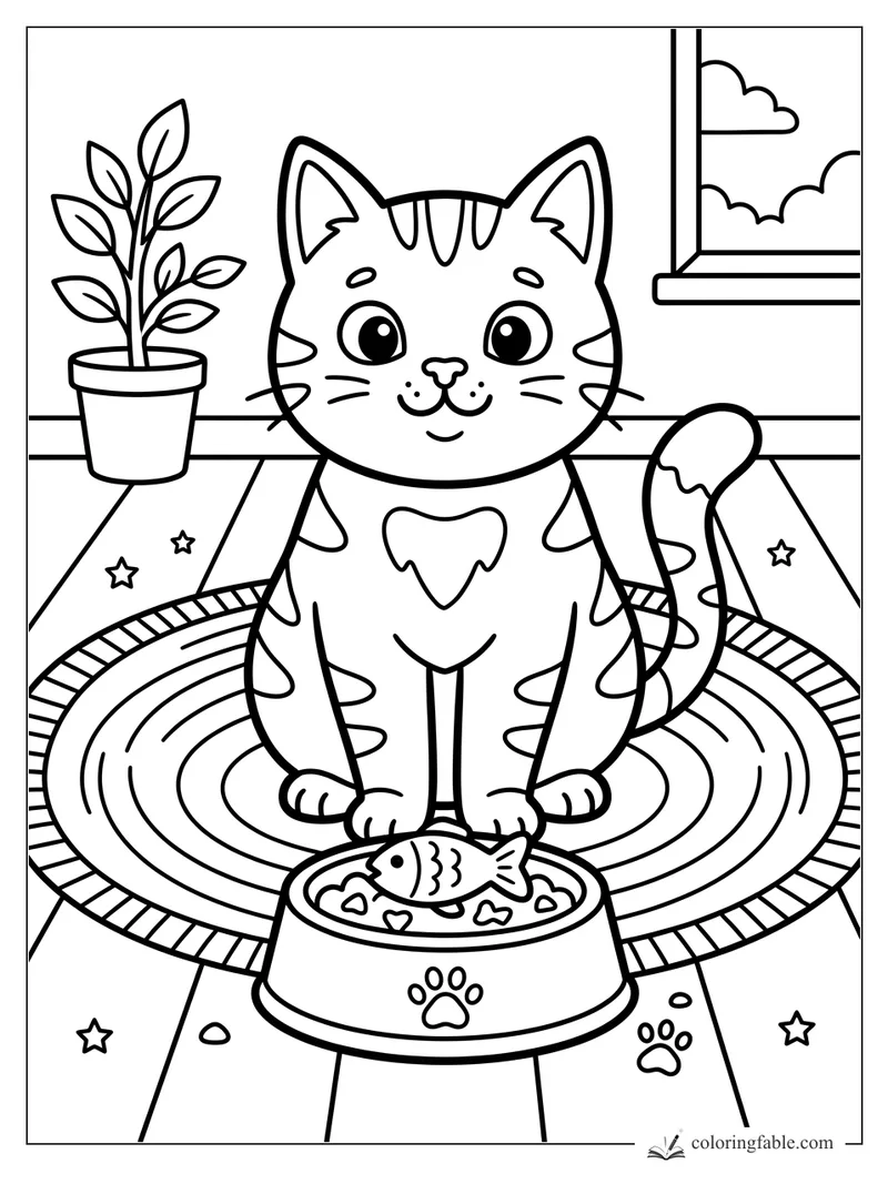 Easy coloring page of a smiling tabby cat by a fish bowl, rug, potted plant, window, stars, and paw prints.