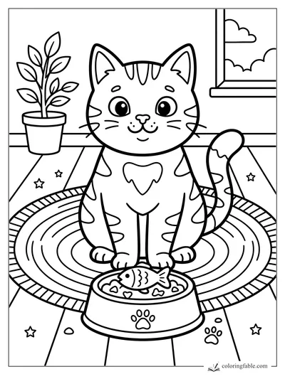 Easy coloring page of a smiling tabby cat by a fish bowl, rug, potted plant, window, stars, and paw prints.