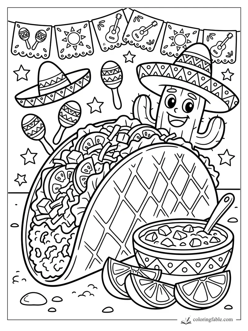 Cartoon taco with smiling cactus, salsa bowl, maracas, sombreros, and papel picado fiesta banners