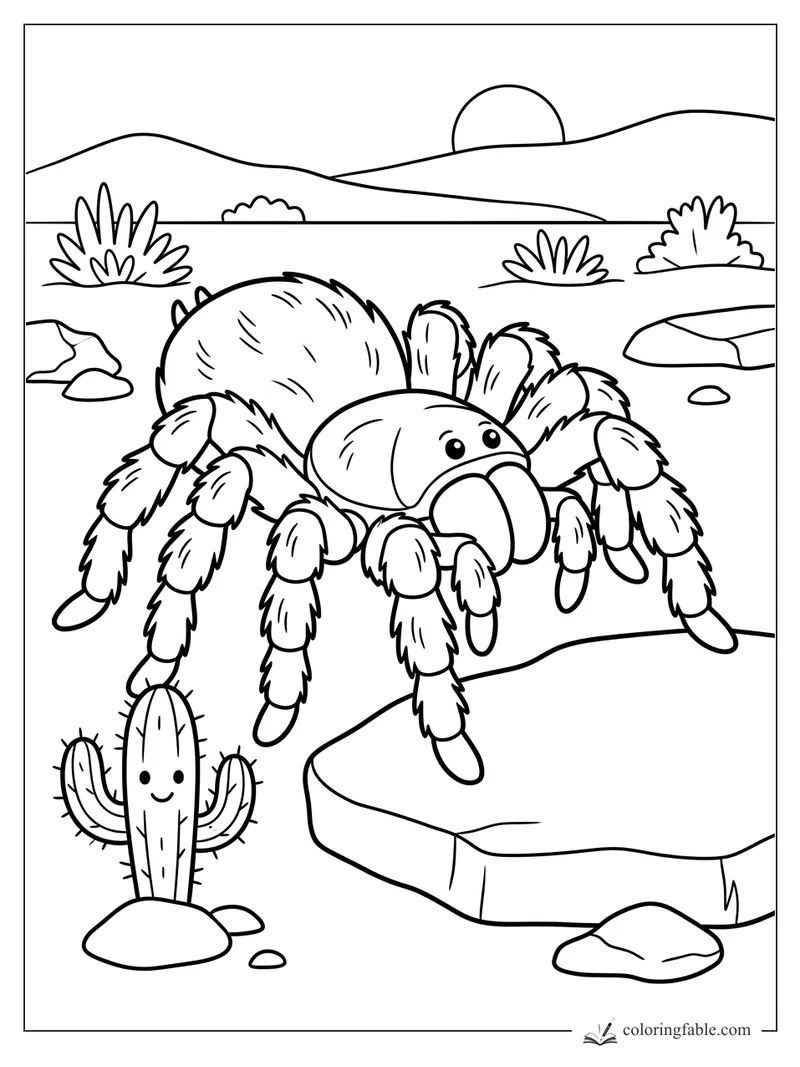 Cartoon tarantula on a desert rock with a smiling cactus, shrubs, stones, hills, and sunset