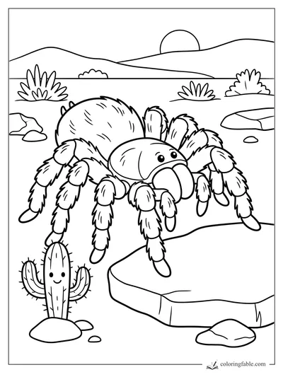 Cartoon tarantula on a desert rock with a smiling cactus, shrubs, stones, hills, and sunset