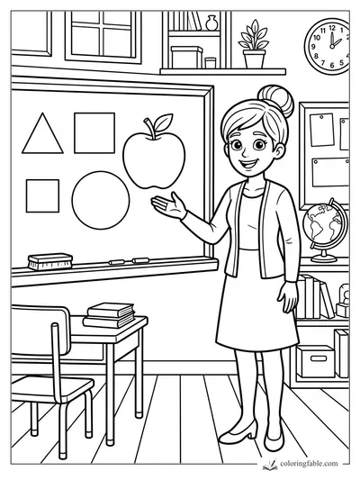 Cartoon teacher smiling beside a classroom board with shapes, an apple, books, globe, clock, and shelves.