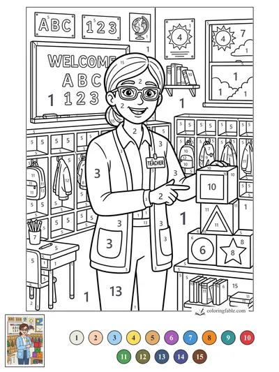 Smiling Teacher With Classroom Blocks — color by number