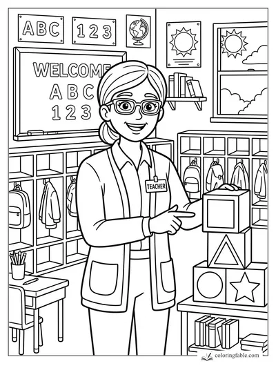 Cartoon teacher in glasses pointing to shape blocks in a classroom with ABC board and cubbies