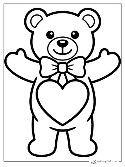 Easy teddy bear coloring page with open arms, a bow tie, and a big heart on its belly.